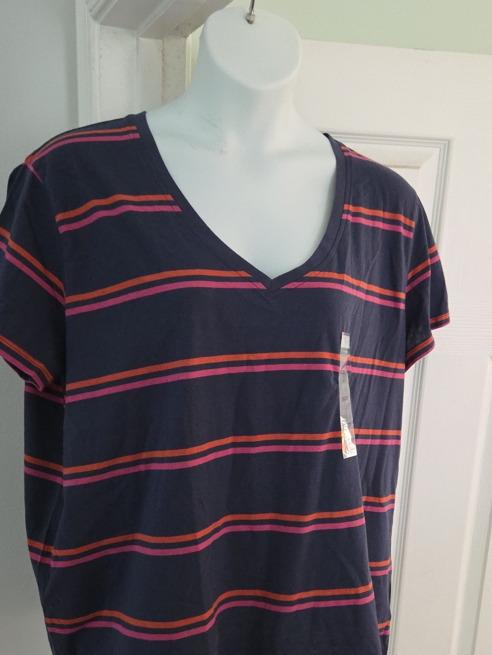 Natural Reflections Navy V-Neck Tee with Pink and Orange Stripes